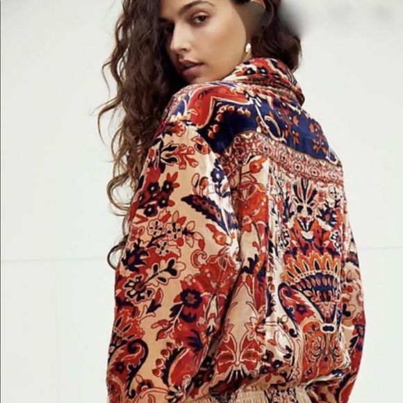 Free People Bailey Velvet Moto Jacket Moroccan Print Red Blue Orange Gold - Picture 5 of 6